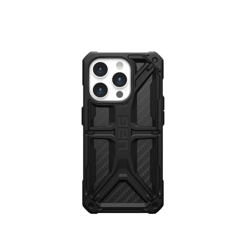 Etui UAG Monarch w kolorze czarnym, idealnie dopasowane do Apple iPhone 15 Pro.