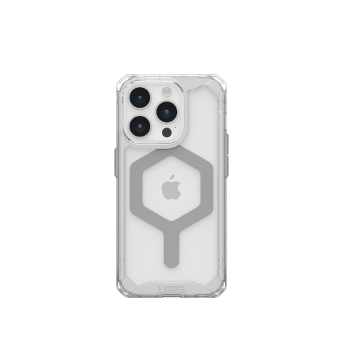 Etui UAG Plyo MagSafe w kolorze ice-silver, idealnie dopasowane do iPhone 15 Pro.