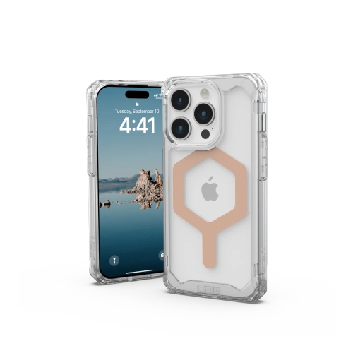 Etui UAG Urban Armor Gear zamontowane na iPhone 15 Pro, z funkcją MagSafe.
