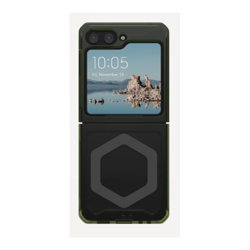 Etui UAG Plyo Pro w kolorze oliwkowym, idealne do Samsung Galaxy Flip5 z modułem MagSafe.