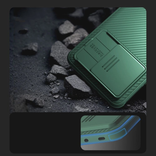 Közelkép a Nillkin CamShield Pro tokra, bemutatva a textúrát és a részleteket.