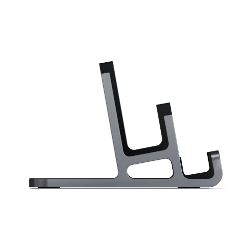 Seitenansicht des Satechi Dual Ständers, der das elegante Design und das langlebige Material präsentiert.