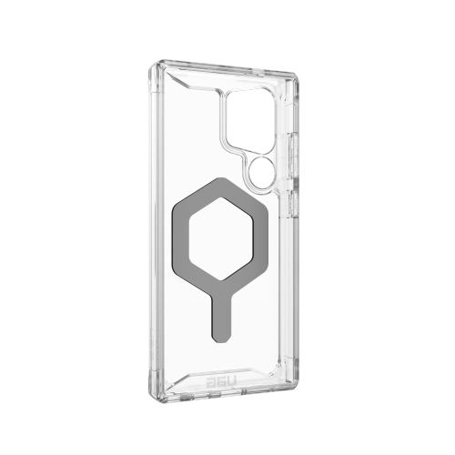 Srebrne etui UAG z przezroczystymi elementami, zapewniające ochronę i styl.