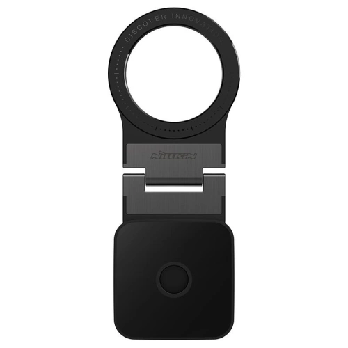 Uchwyt Nillkin SnapFlex Magnetic Mount-elite Edition w kolorze czarnym, zamocowany na desce rozdzielczej samochodu.