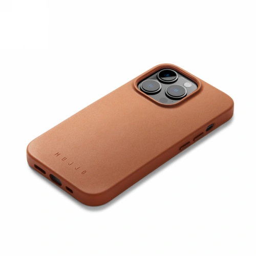 Etui Mujjo Full Leather Case w kolorze brązowym, idealnie dopasowane do iPhone 14 Pro z technologią MagSafe.