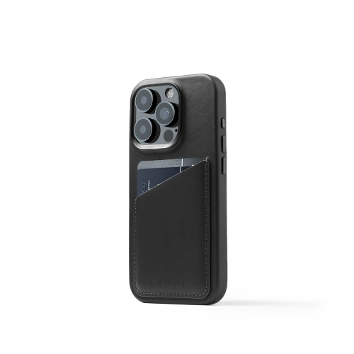 Etui Mujjo Full Leather Wallet Case w kolorze czarnym, idealnie dopasowane do iPhone 15 Pro z funkcją MagSafe.