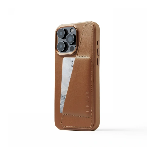 Etui Mujjo Full Leather Wallet Case w kolorze brązowym, idealnie dopasowane do iPhone 15 Pro Max.