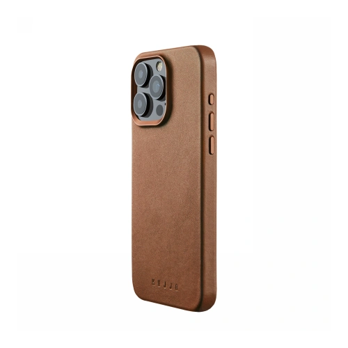 Etui Mujjo Full Leather Case w kolorze brązowym, idealnie dopasowane do Apple iPhone 15 Pro Max z systemem MagSafe.