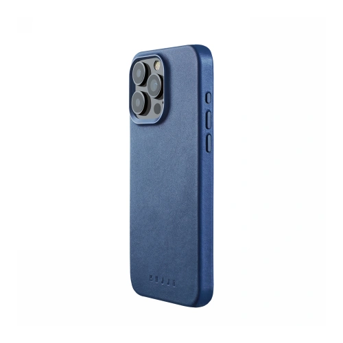 Etui Mujjo Full Leather Case w kolorze monaco blue, idealnie dopasowane do iPhone 15 Pro Max z technologią MagSafe.