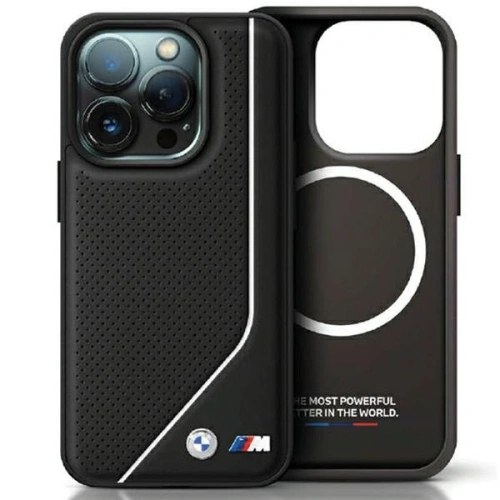 Etui BMW BMHMP15X23PUCPK w kolorze czarnym, z widocznymi perforacjami i obsługą MagSafe, idealne dla iPhone 15 Pro Max.