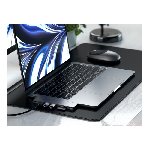 Top view of the Satechi Pro Slim adapter, perfect for MacBook, with various ports for connecting devices.