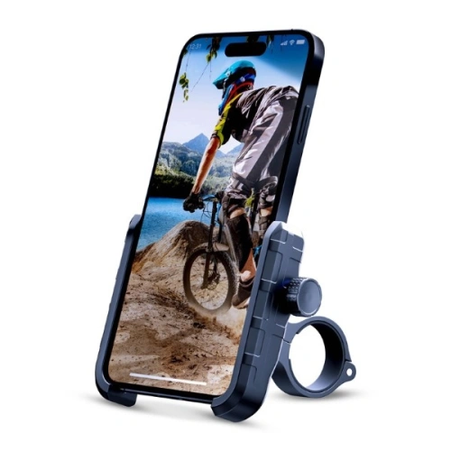 Uchwyt na kierownicę 3MK Steel Bike Holder w użyciu, trzymający smartfon w stabilnej pozycji.