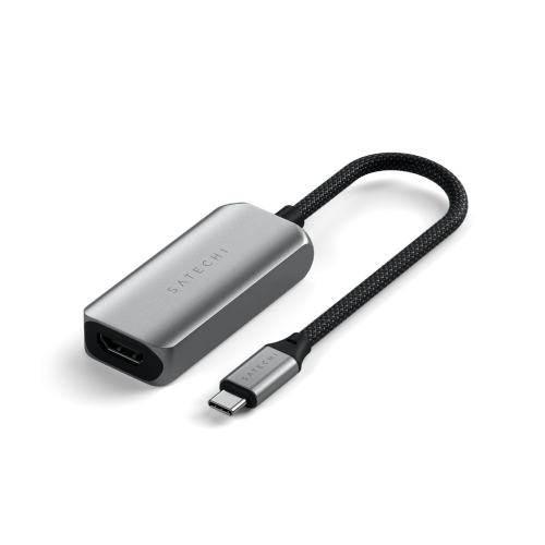 Satechi Single Port USB-C / HDMI 2.1 8K adapter in space gray, perfect for connecting devices with HDMI output.