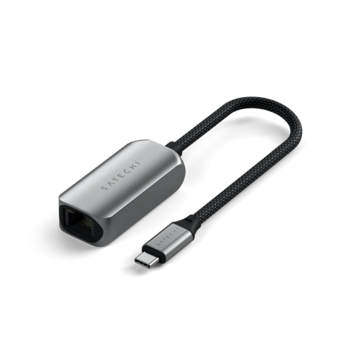 Satechi Ethernet USB-C adapter in space gray, enabling connection to a 2.5 Gigabit Ethernet network.