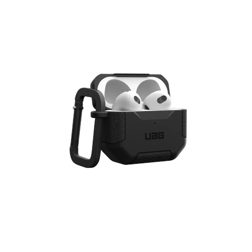 Etui UAG Scout w czerni, idealnie dopasowane do Apple AirPods3, z praktycznym zapięciem.