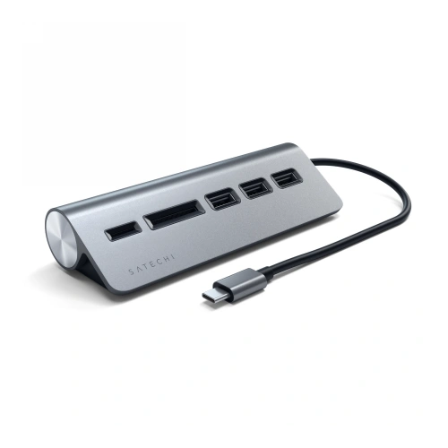 Satechi Aluminium USB-C hub in space gray color with three USB-A ports and micro/SD slots.