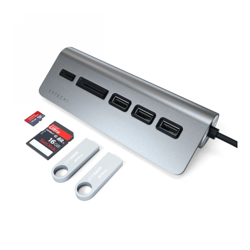 Close-up view of the Satechi Aluminium USB-C hub, perfect for expanding ports.