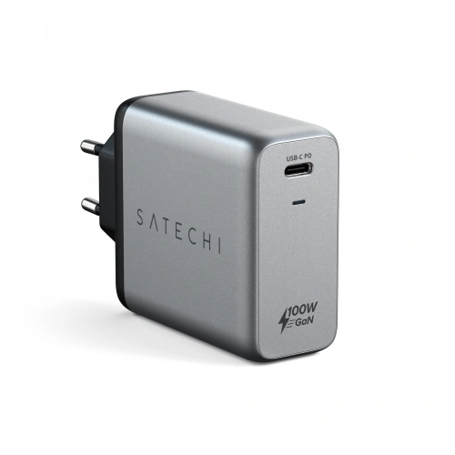 Încărcător de rețea Satechi USB-C 100W în culoarea space gray, ideal pentru încărcarea rapidă a dispozitivelor.