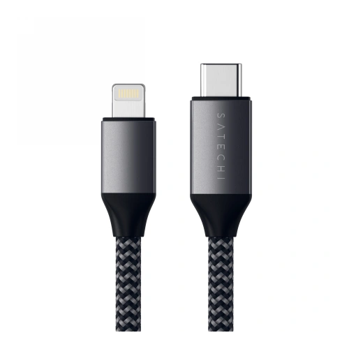 Detalii despre cablul Satechi 29W, prim-plan pe conectorii USB-C și Lightning.