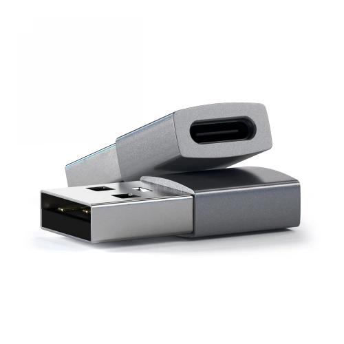Satechi Aluminium USB-A / USB-C adapter in space gray, ideal for connecting various devices.