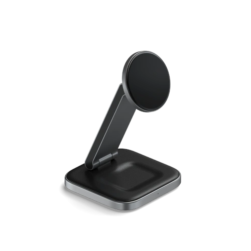 Wireless charger Satechi 2-in-1 in space gray, ideal for charging two devices simultaneously.