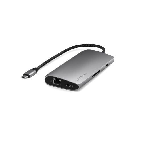 Satechi USB-C Multiport 8K adapter in space gray, showcasing a variety of ports.