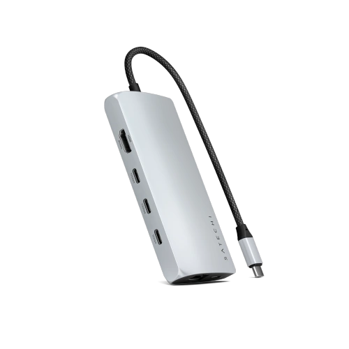 Satechi USB-C Multiport adapter in silver, showcasing USB-C, HDMI, and USB-A ports.