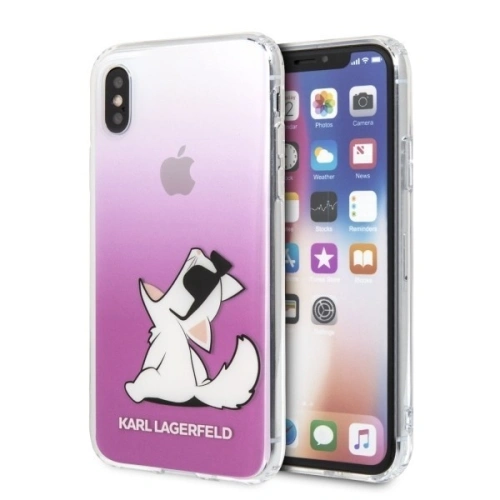 Etui Karl Lagerfeld w różowym kolorze, idealnie dopasowane do iPhone X/Xs, z motywem Choupette Fun.