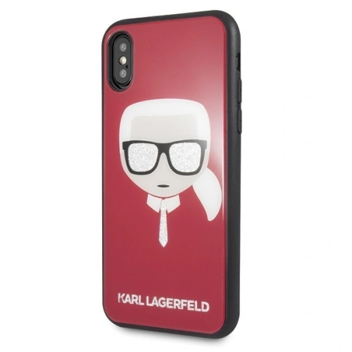 Zbliżenie na etui Karl Lagerfeld, ukazujące logo Karl's Head na tle brokatu.