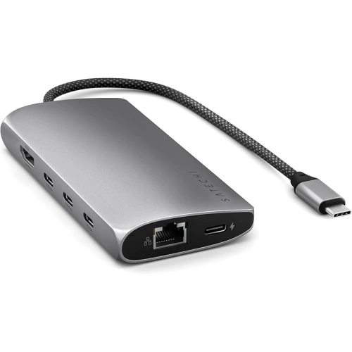 Close-up of USB-C, HDMI, and USB-A ports on the Satechi adapter.