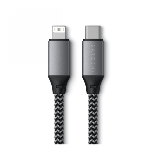 Prim-plan al cablului Satechi USB-C / Lightning în nuanța space gray, evidențiind calitatea sa de fabricație.