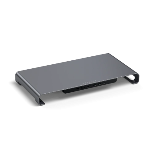 Suport Satechi USB-C Monitor Stand Hub XL în culoarea gri, ideal pentru organizarea spațiului de birou.