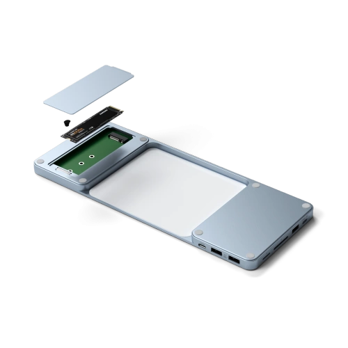 Prim-plan al stației de docare Satechi Slim Dock cu porturi USB-C.