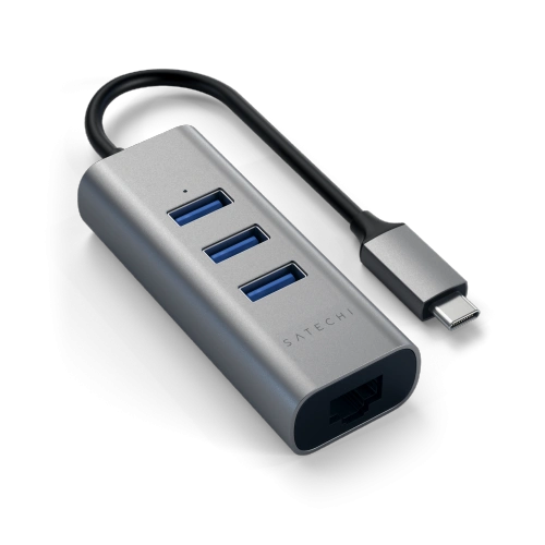 Satechi Aluminium Hub 2in1 in space gray with USB-C and 3xUSB-A ports and an Ethernet connector.