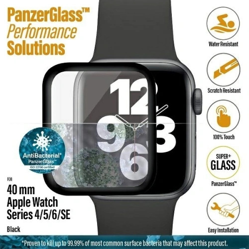 Szkło hartowane PanzerGlass Curved zamontowane na Apple Watch 40mm, zapewniające pełną ochronę ekranu.
