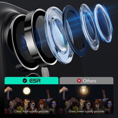 Szkło ochronne ESR Armorite w kolorze czarnym, zapewniające bezpieczeństwo aparatu.