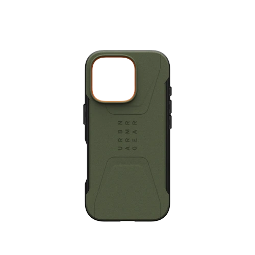 Etui UAG Urban Armor Gear Civilian w kolorze oliwkowym, idealne do iPhone'a 16 Pro z funkcją MagSafe.