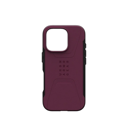 Etui UAG Urban Armor Gear Civilian w kolorze bordeaux, idealne do iPhone 16 Pro z technologią MagSafe.