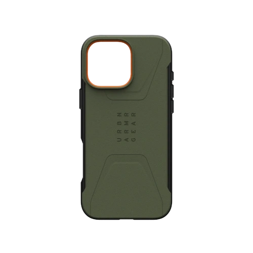 Etui UAG Urban Armor Gear Civilian w kolorze oliwkowym, idealne do iPhone 16 Pro Max, z funkcją MagSafe i hybrydowym materiałem.