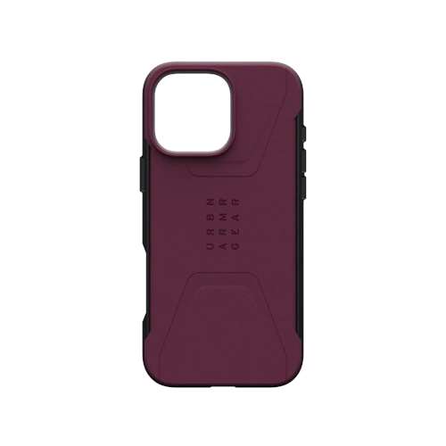 Etui UAG Urban Armor Gear Civilian w kolorze bordeaux, idealnie dopasowane do Apple iPhone 16 Pro Max z technologią MagSafe.