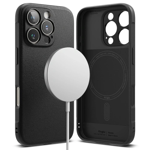 Zbliżenie na czarne etui Ringke Onyx z magnesami MagSafe, zapewniające komfortowe ładowanie.