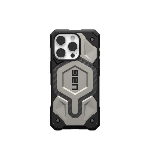 Etui UAG Monarch Pro w kolorze tytanowym, idealnie dopasowane do Apple iPhone 16 Pro.