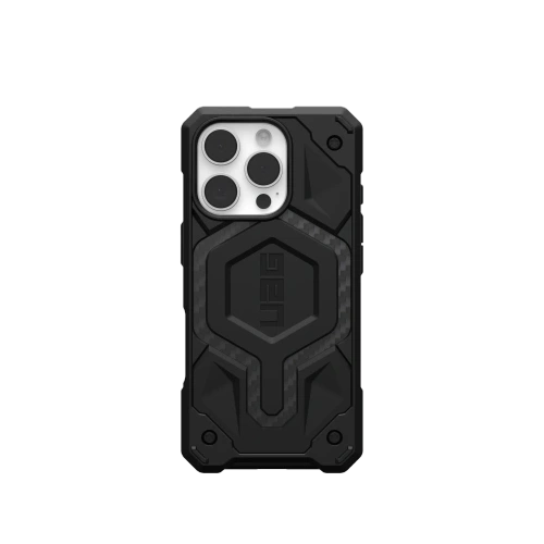Etui UAG Monarch Pro w kolorze czarnym, idealnie dopasowane do Apple iPhone 16 Pro z systemem MagSafe.
