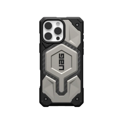 Etui UAG Monarch Pro w kolorze tytanowym, idealnie dopasowane do Apple iPhone 16 Pro Max.