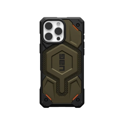 Etui UAG Monarch Pro w kolorze kevlar green, idealnie dopasowane do iPhone 16 Pro Max.