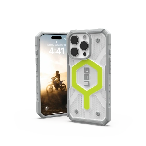 Etui UAG zamontowane na iPhone 16 Pro, prezentujące nowoczesny design i funkcjonalność MagSafe.