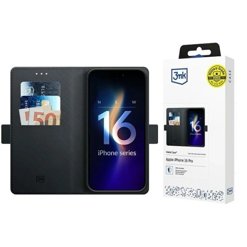 Etui z klapką 3MK Wallet Case w kolorze czarnym, idealnie dopasowane do Apple iPhone 16 Pro, wykonane z hybrydowego materiału.
