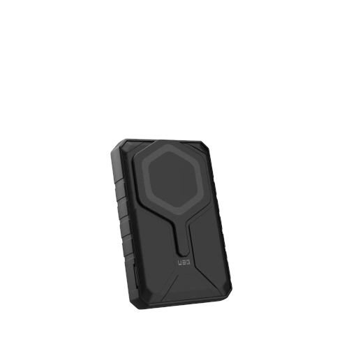 Powerbank UAG Rugged 10K w kolorze szaro-czarnym, z funkcjonalną podstawką i złączem MagSafe.
