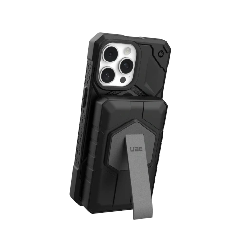 Powerbank UAG z podstawką w stylowym designie, idealny do ładowania urządzeń w podr&oacute;ży.