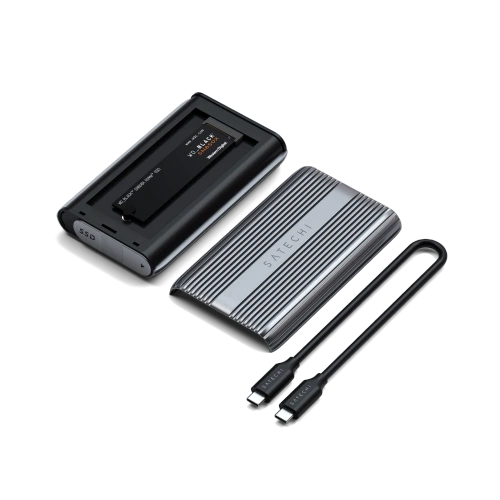 Close-up of the Satechi adapter, showcasing the USB4 port and sturdy construction.